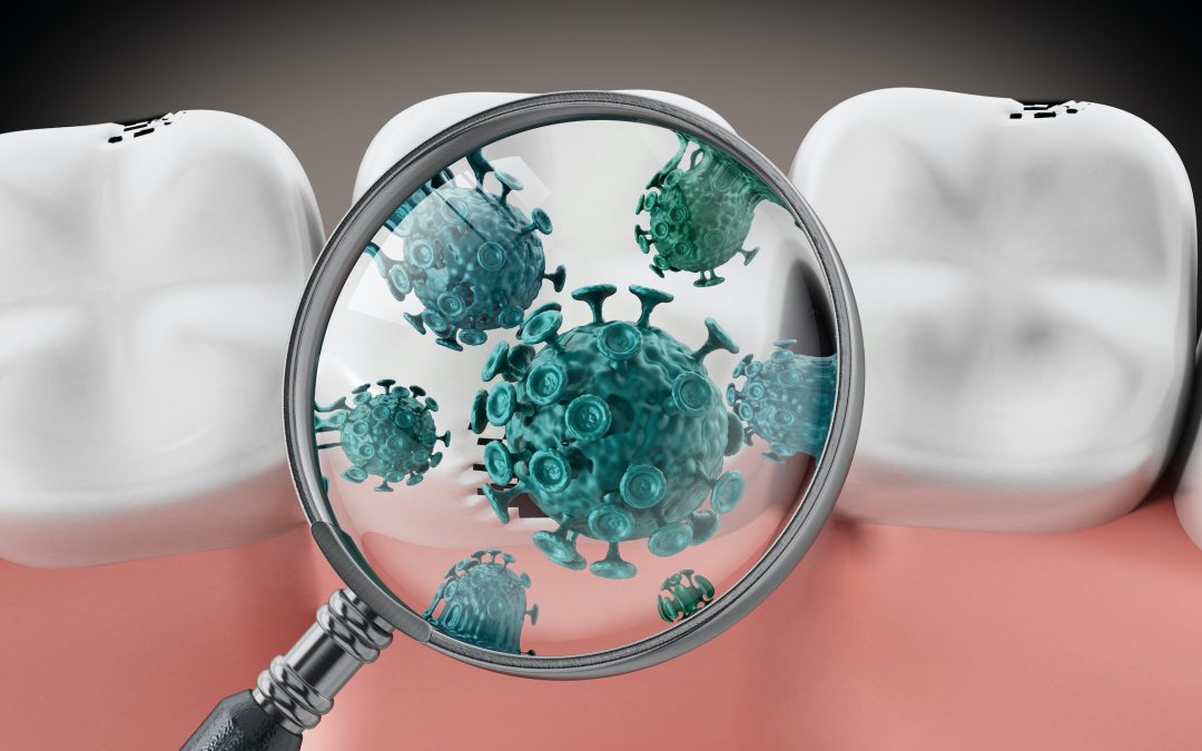 Magnifying glass on green bacteria. 3D illustration