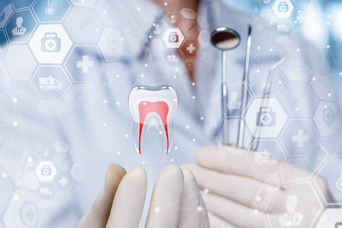 Concept dental services. Doctor shows a tooth model on blurred background.